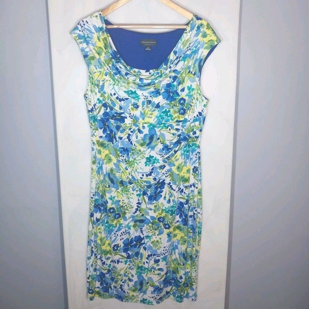 Womens 16 Floral Cowl Neck Sheath Dress Stretch Knee Length Blue Green